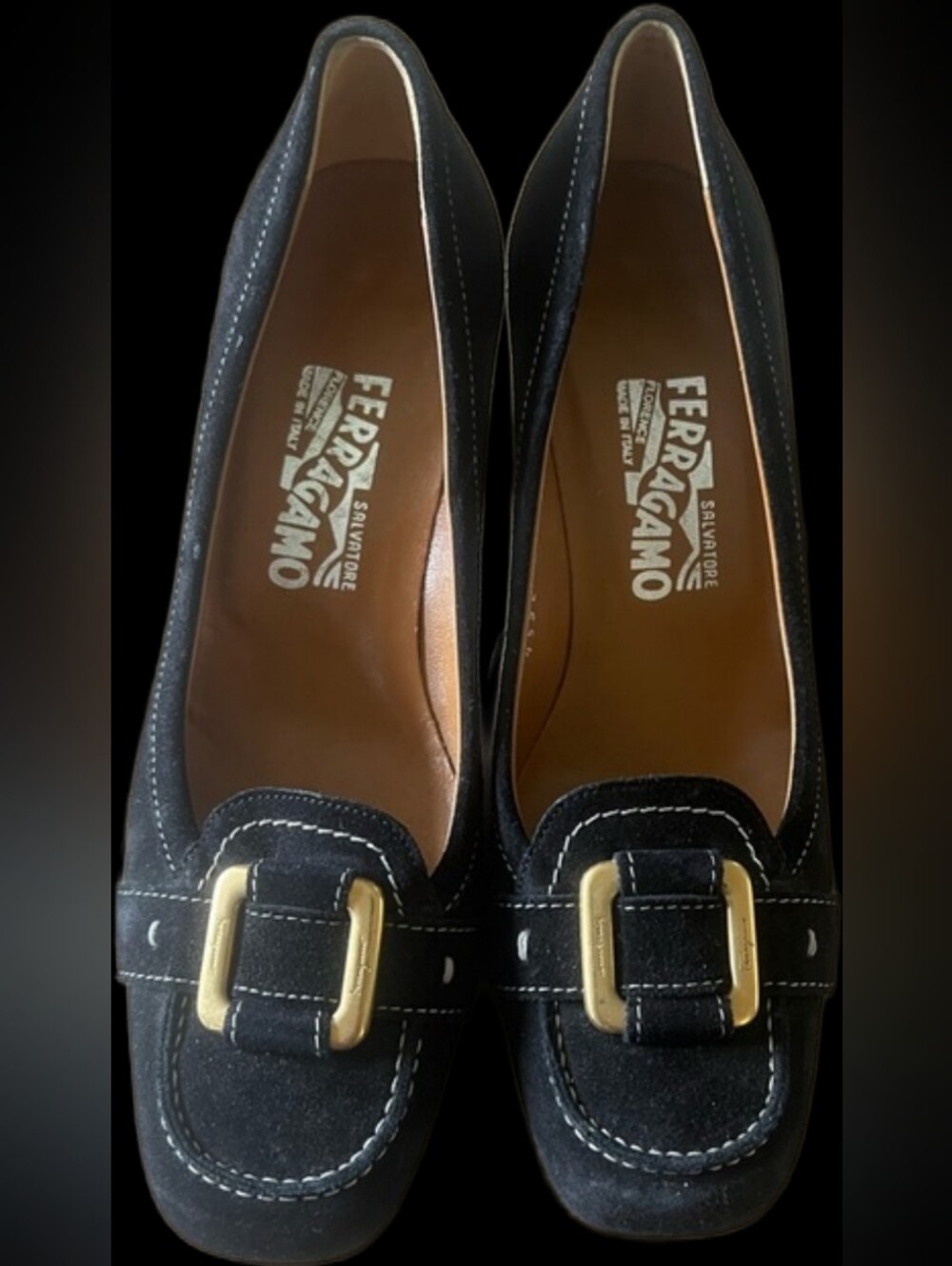 Salvatore Ferragamo Black Suede Chunky Heel w/Gold Buckle Accent - Sz 7.5
